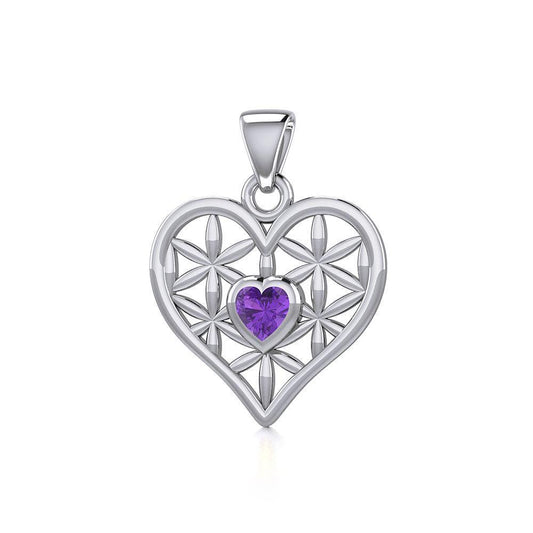 Silver Geometric Heart Flower of Life Pendant with Gemstone TPD5282