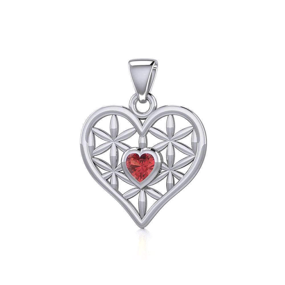 Silver Geometric Heart Flower of Life Pendant with Gemstone TPD5282