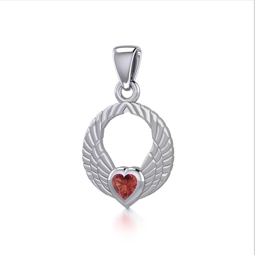 Double Angel Wings Silver Pendant with Gemstone TPD5286
