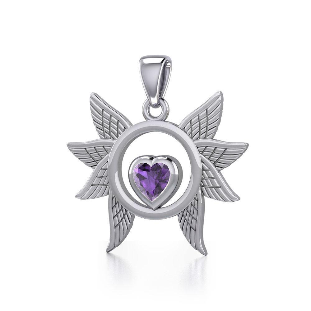 Spreading Angel Wings Silver Pendant with Gemstone TPD5289