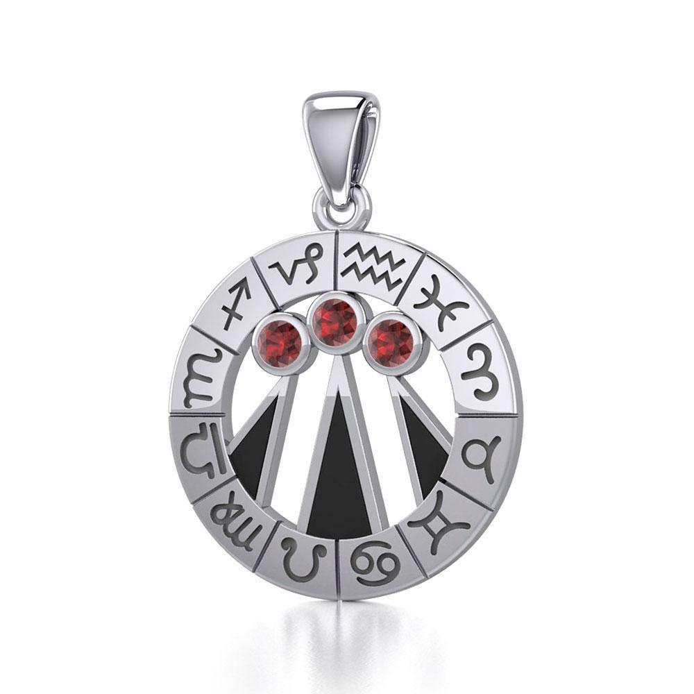 Zodiac Wheel with Awen The Three Rays of Light Silver Pendant TPD5308
