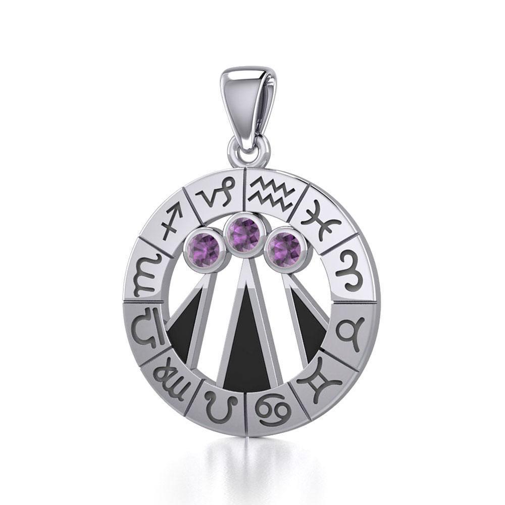 Zodiac Wheel with Awen The Three Rays of Light Silver Pendant TPD5308
