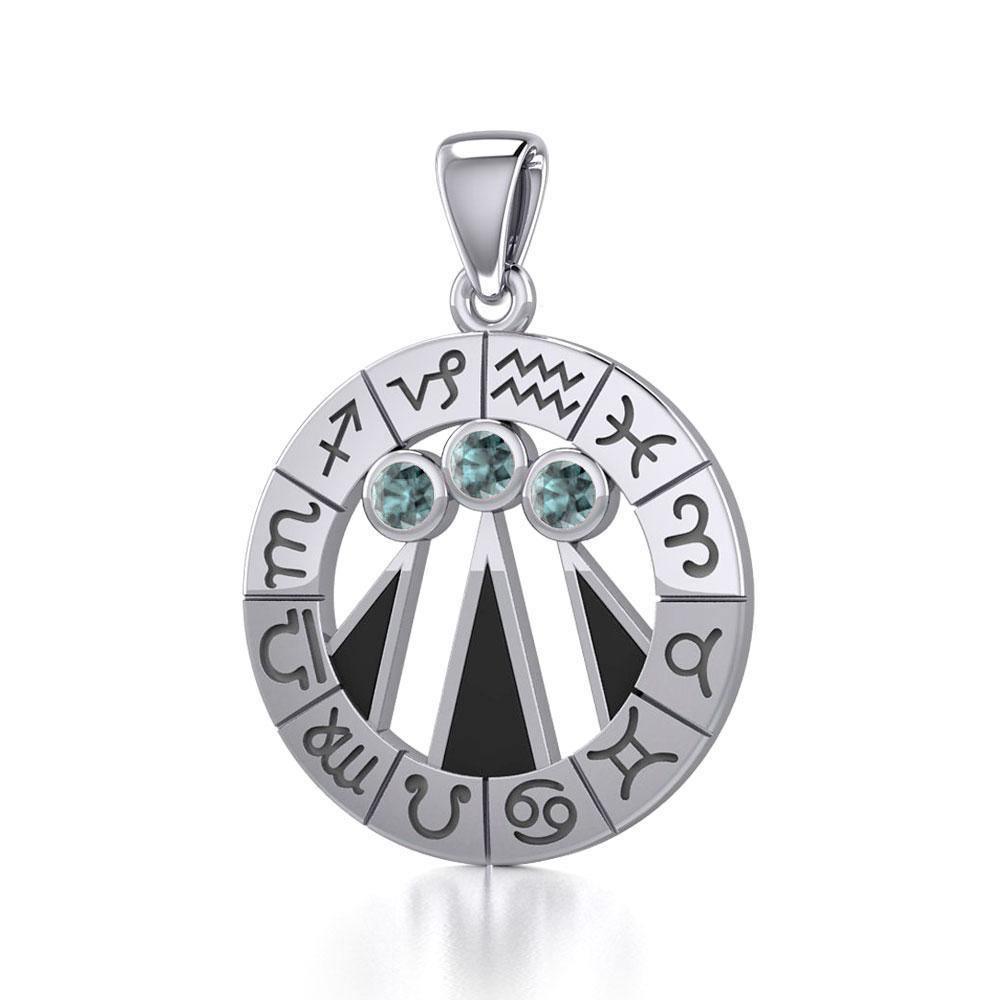 Zodiac Wheel with Awen The Three Rays of Light Silver Pendant TPD5308