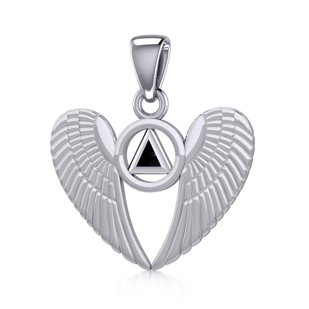 Silver Angel Wings Pendant with Inlaid Recovery Symbol TPD5320
