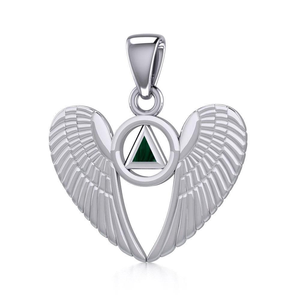 Silver Angel Wings Pendant with Inlaid Recovery Symbol TPD5320