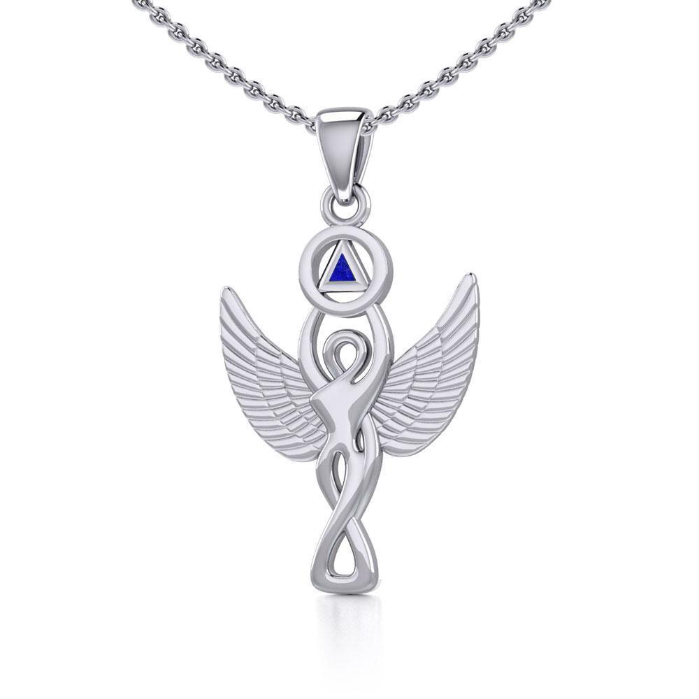 Silver Winged Goddess Pendant With Inlaid Recovery Symbol TPD5321