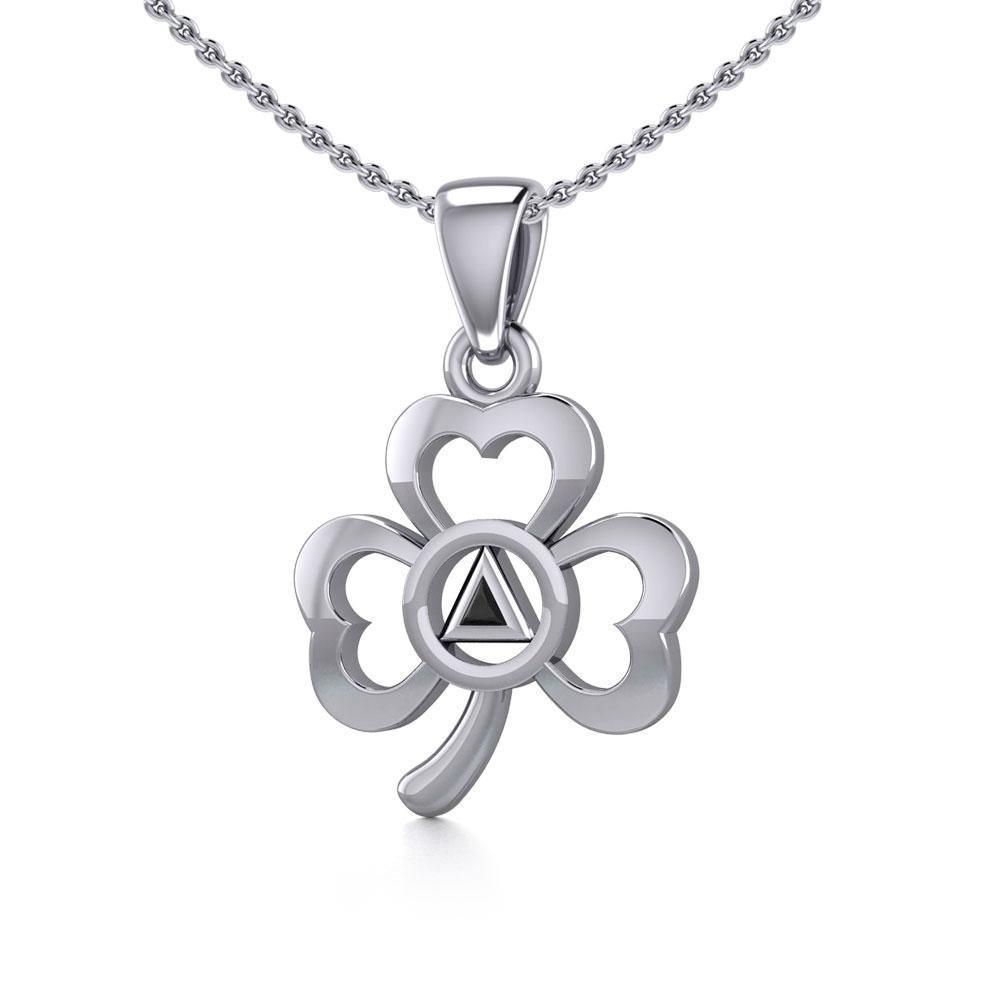 Silver Celtic Shamrock Pendant with Inlaid Recovery Symbol TPD5322