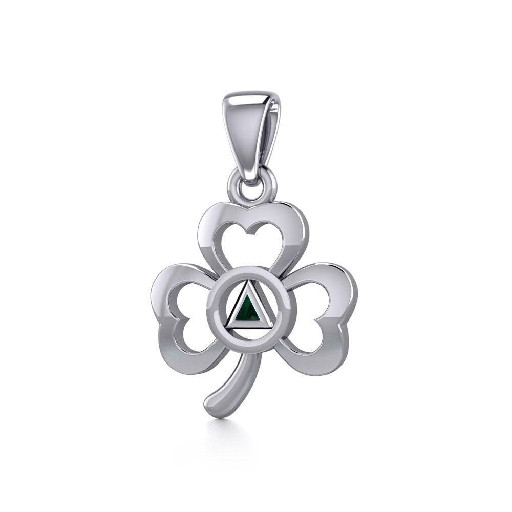 Silver Celtic Shamrock Pendant with Inlaid Recovery Symbol TPD5322