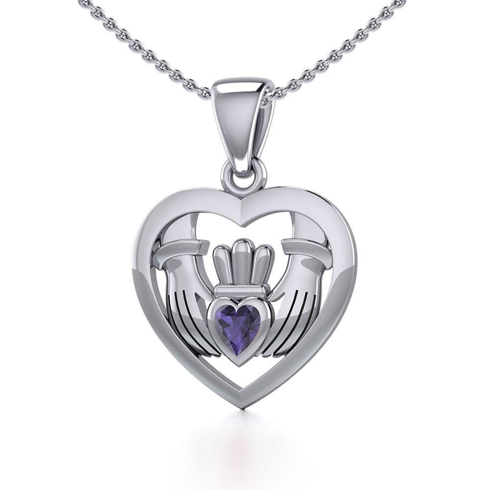 Claddagh in Heart Silver Pendant with Gemstone TPD5330