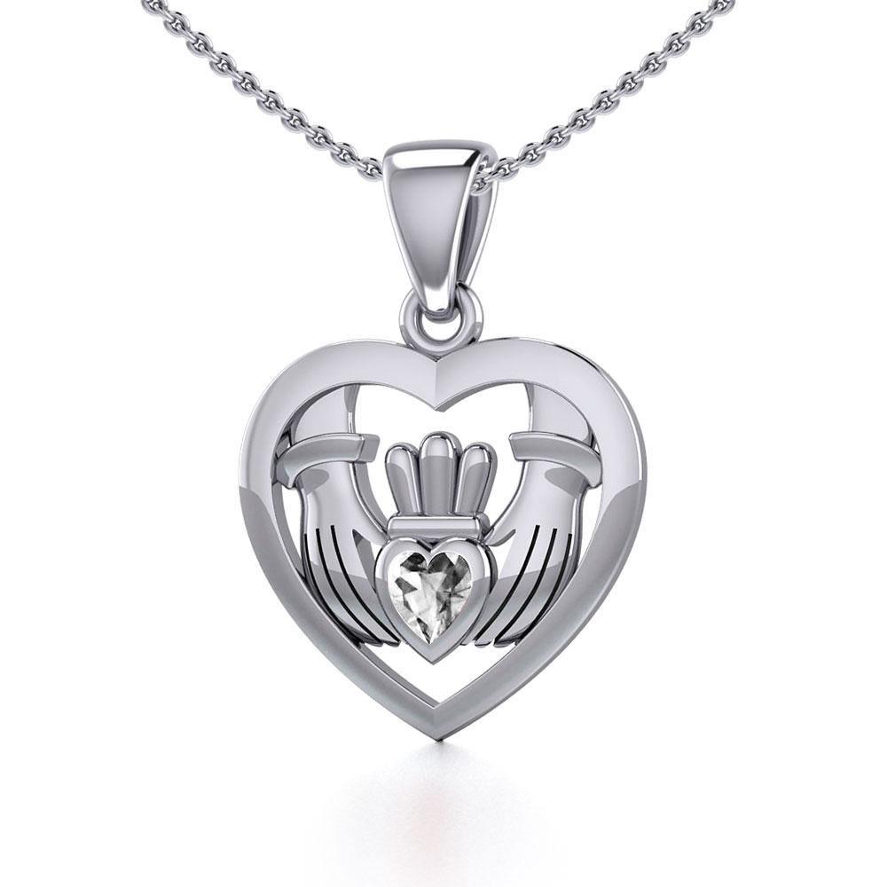 Claddagh in Heart Silver Pendant with Gemstone TPD5330