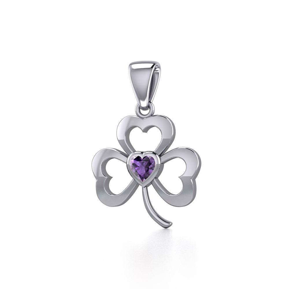 Shamrock Sterling Silver Pendant with Heart Gemstone TPD5338