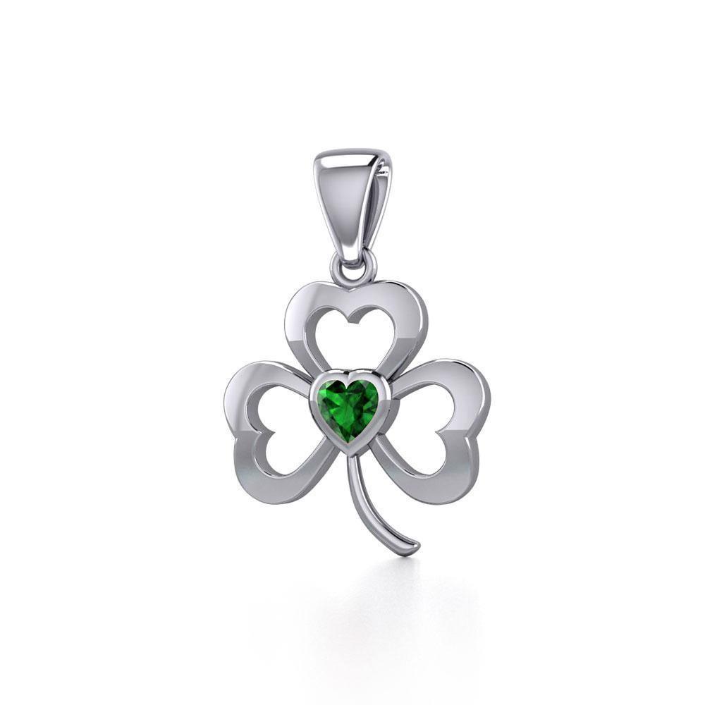 Shamrock Sterling Silver Pendant with Heart Gemstone TPD5338