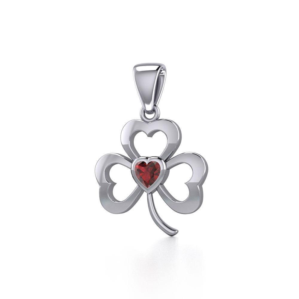 Shamrock Sterling Silver Pendant with Heart Gemstone TPD5338