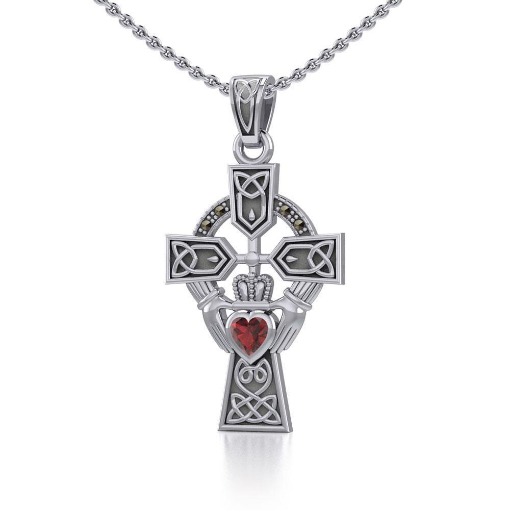 Celtic Cross and Irish Claddagh Silver Pendant with Heart Gemstone TPD5340