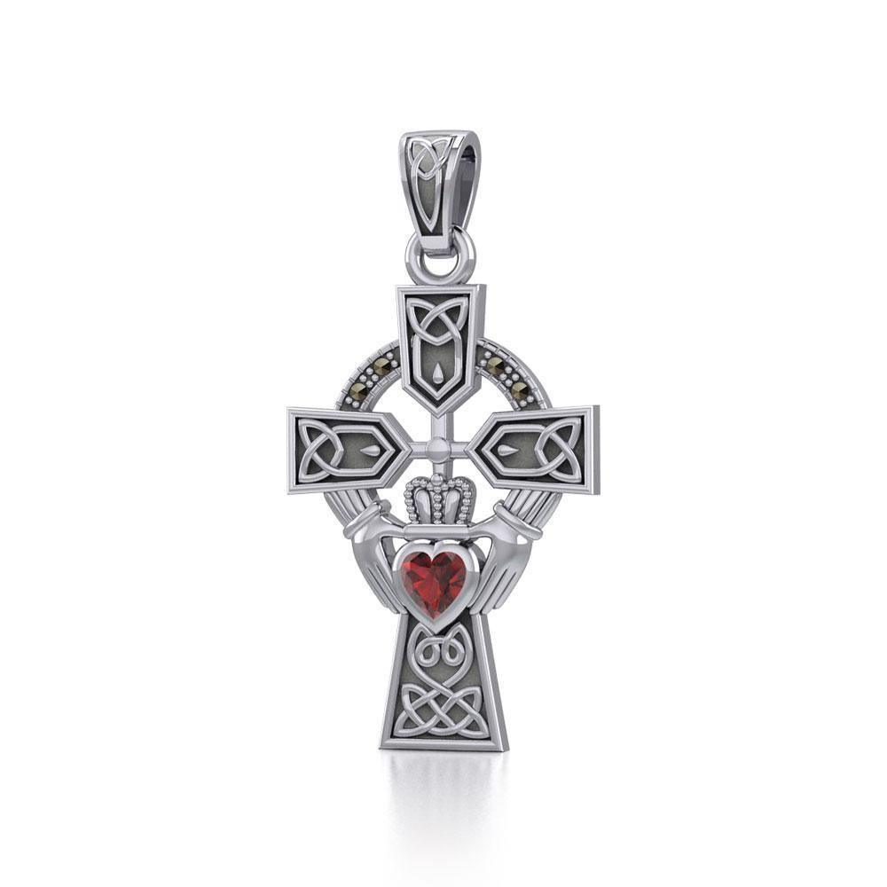 Celtic Cross and Irish Claddagh Sterling Silver Pendant with Heart Gemstone TPD5340