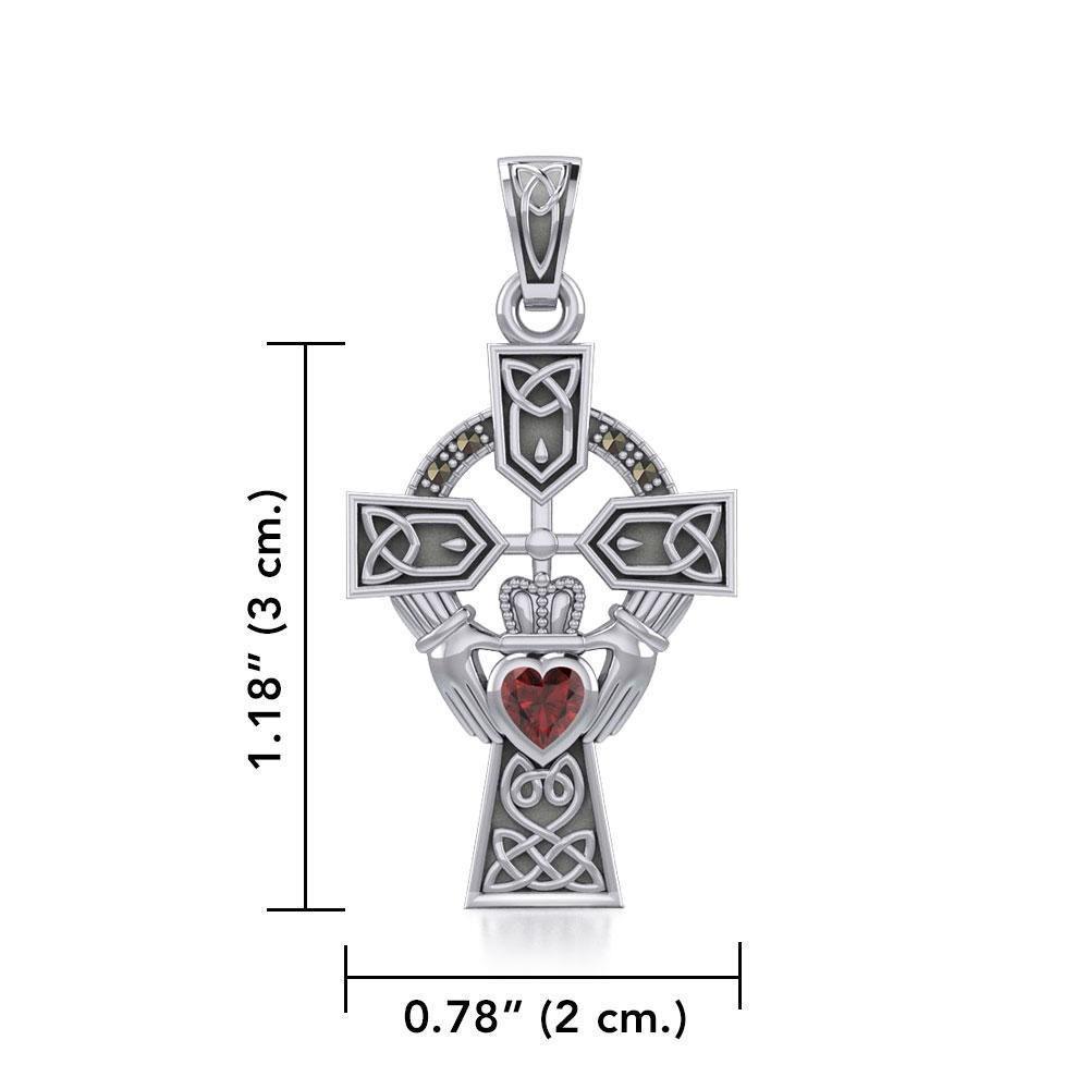 Celtic Cross and Irish Claddagh Silver Pendant with Heart Gemstone TPD5340