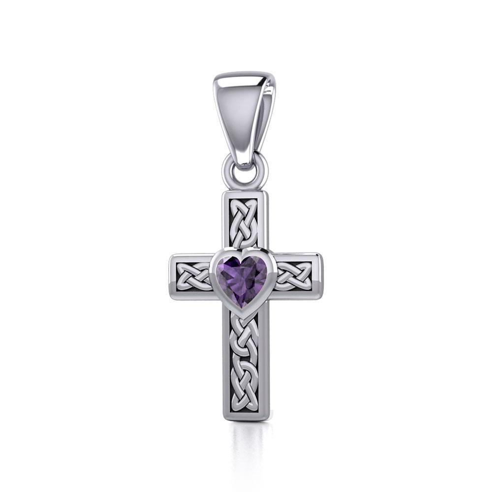 Celtic Cross Silver Pendant with Heart Gemstone TPD5347