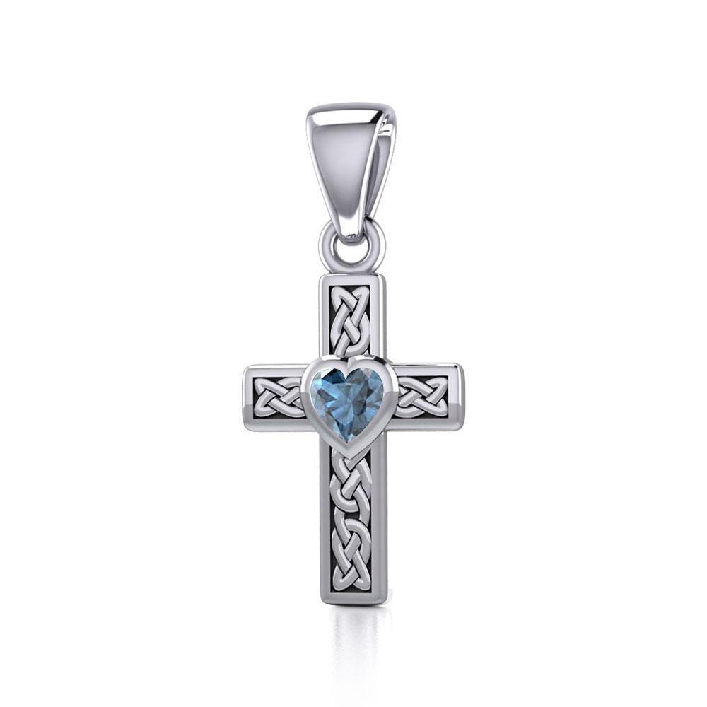 Celtic Cross Silver Pendant with Heart Gemstone TPD5347