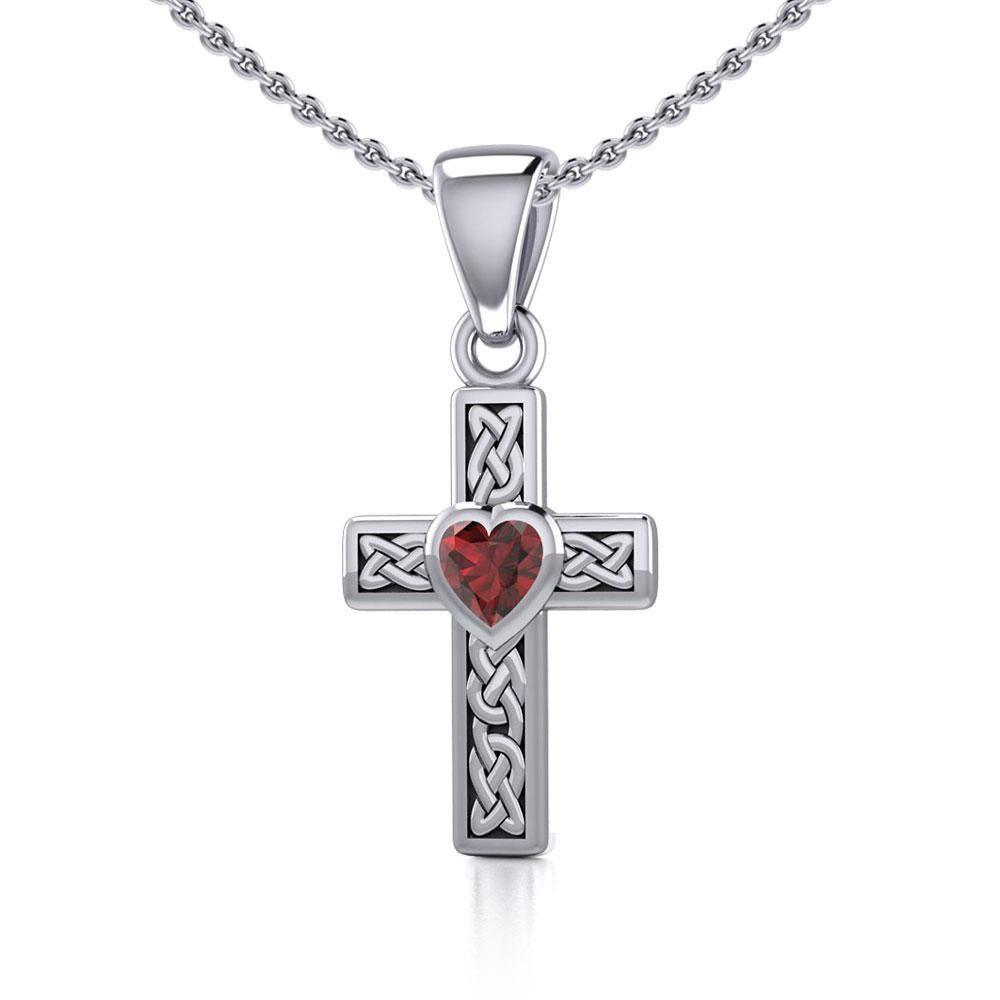 Celtic Cross Silver Pendant with Heart Gemstone TPD5347