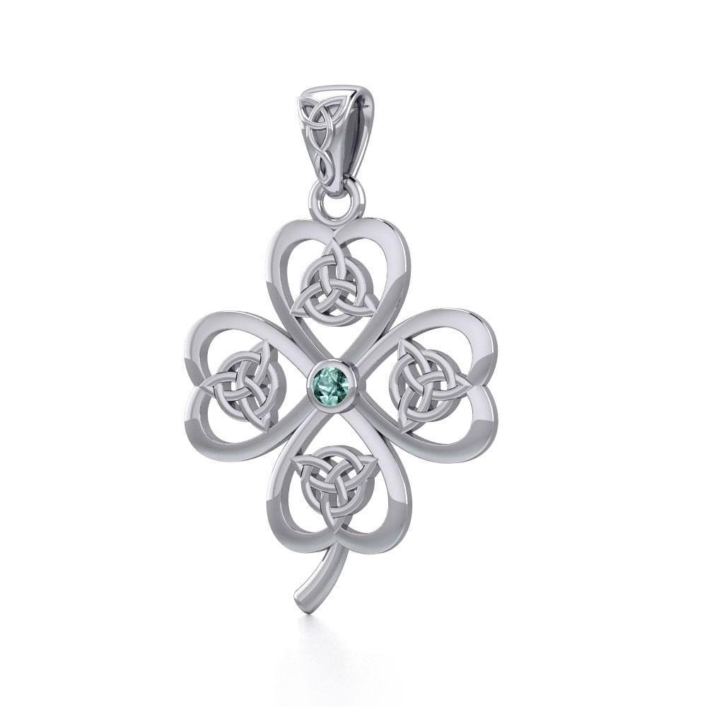 Lucky Four Leaf Clover with Triquetra Silver Pendant with Gemstone TPD5348
