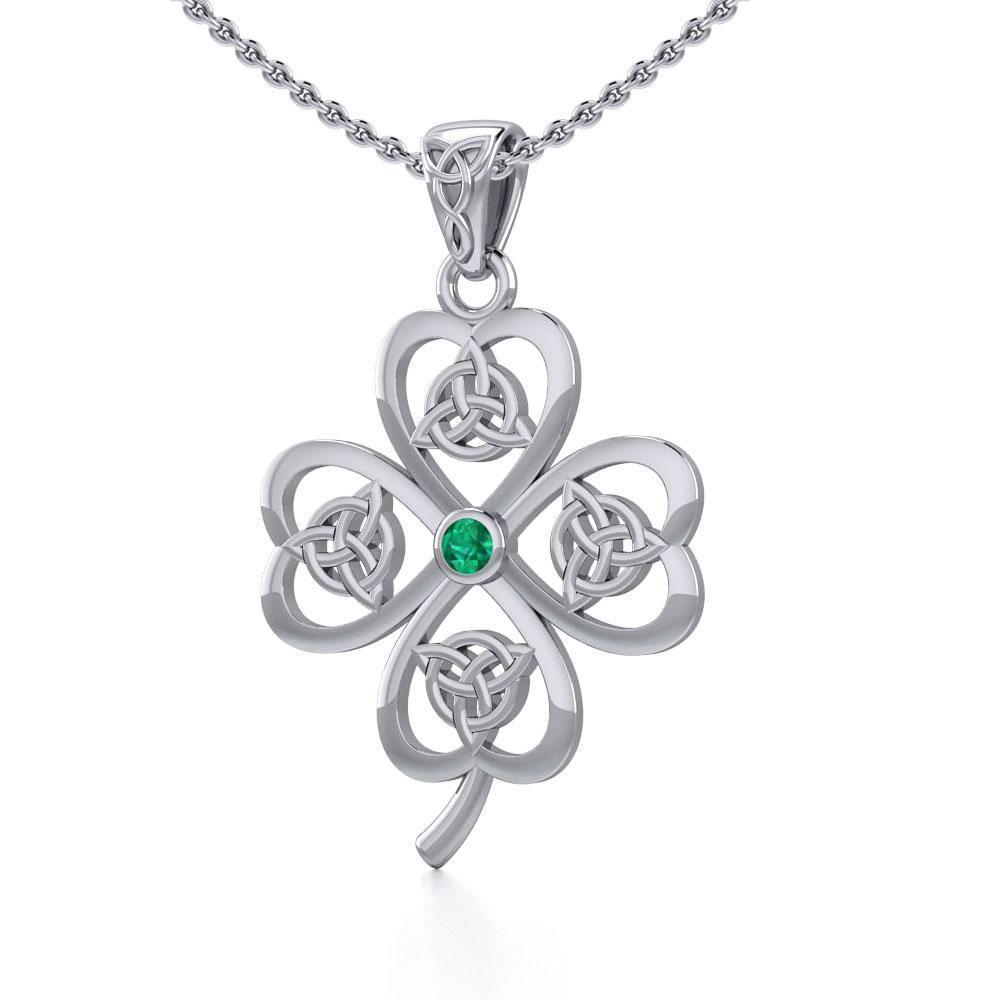 Lucky Four Leaf Clover with Triquetra Silver Pendant with Gemstone TPD5348