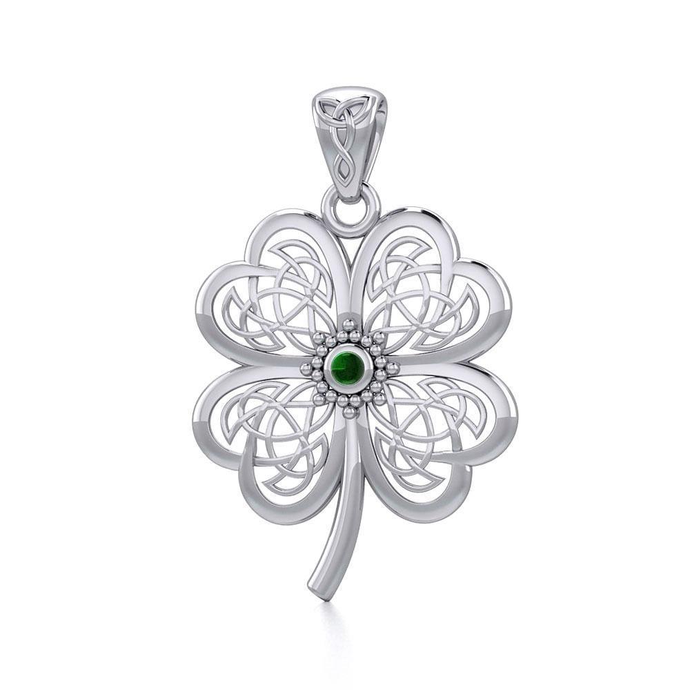Lucky Celtic Four Leaf Clover Silver Pendant with Gemstone TPD5373