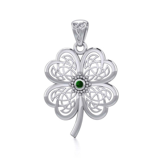 Lucky Celtic Four Leaf Clover Silver Pendant with Gemstone TPD5373
