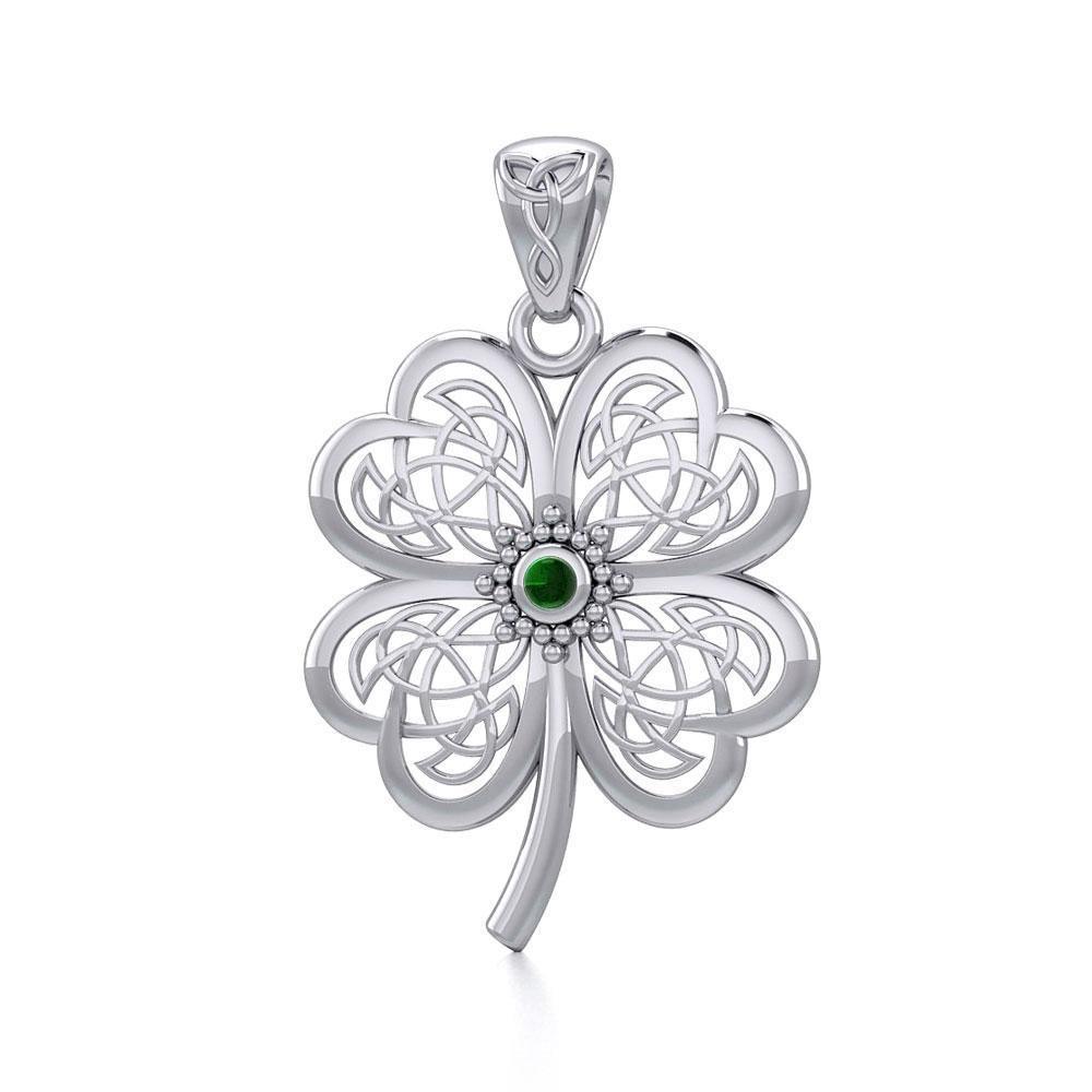Lucky Celtic Four Leaf Clover Silver Pendant with Gemstone TPD5373