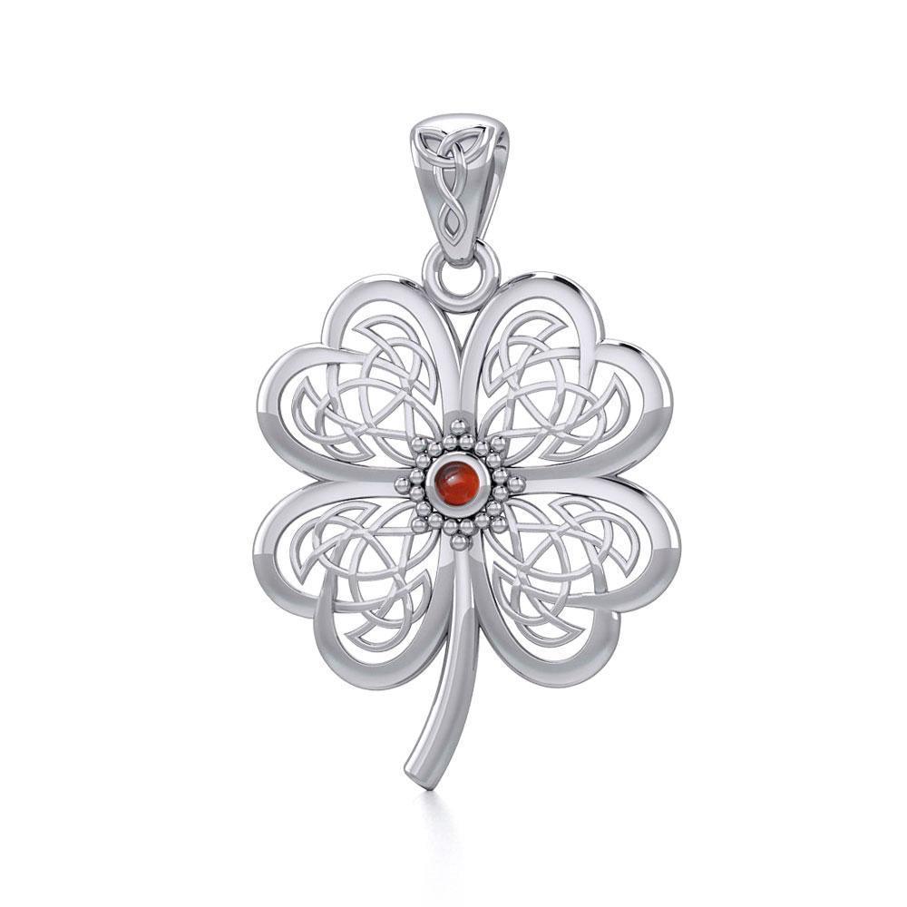 Lucky Celtic Four Leaf Clover Silver Pendant with Gemstone TPD5373
