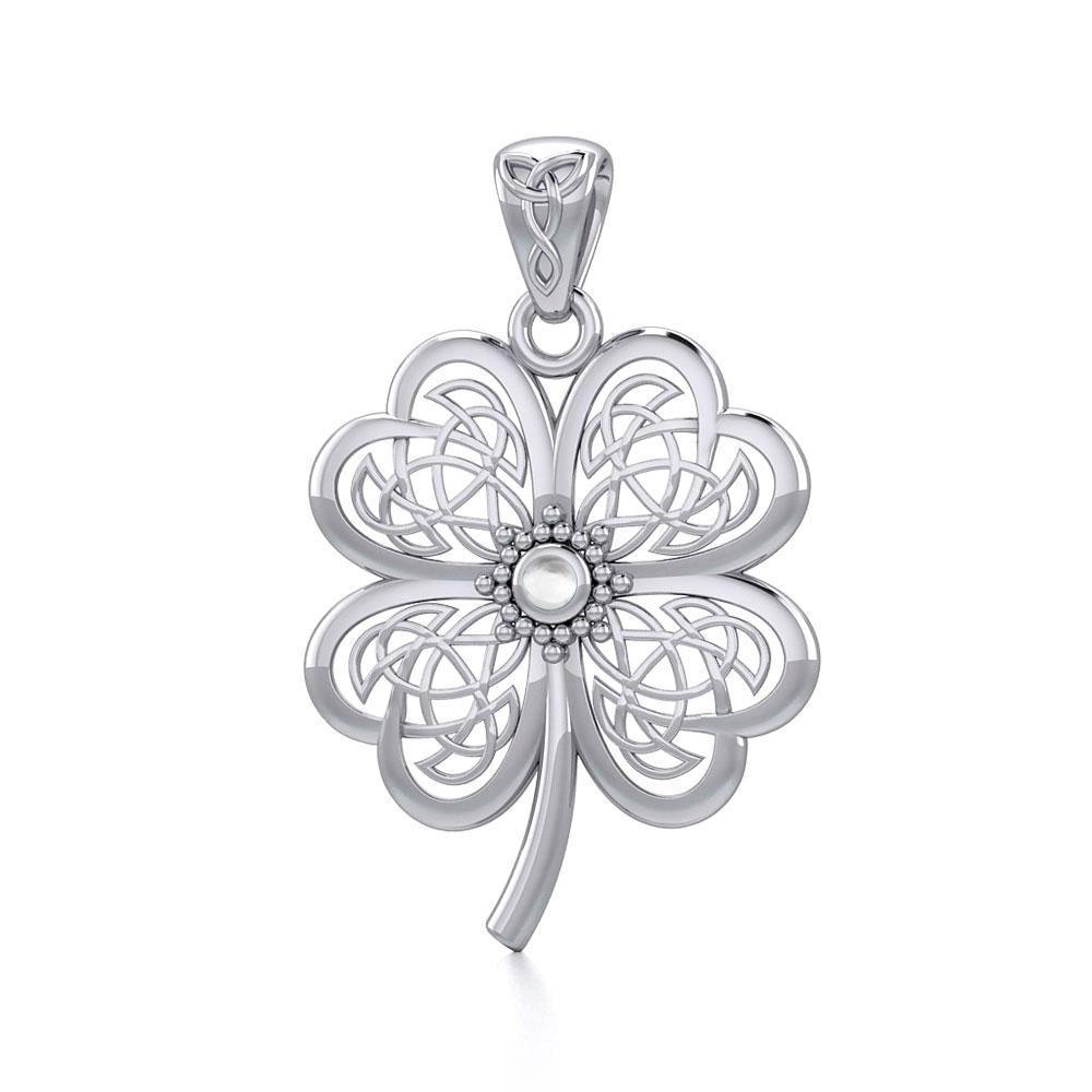 Lucky Celtic Four Leaf Clover Silver Pendant with Gemstone TPD5373