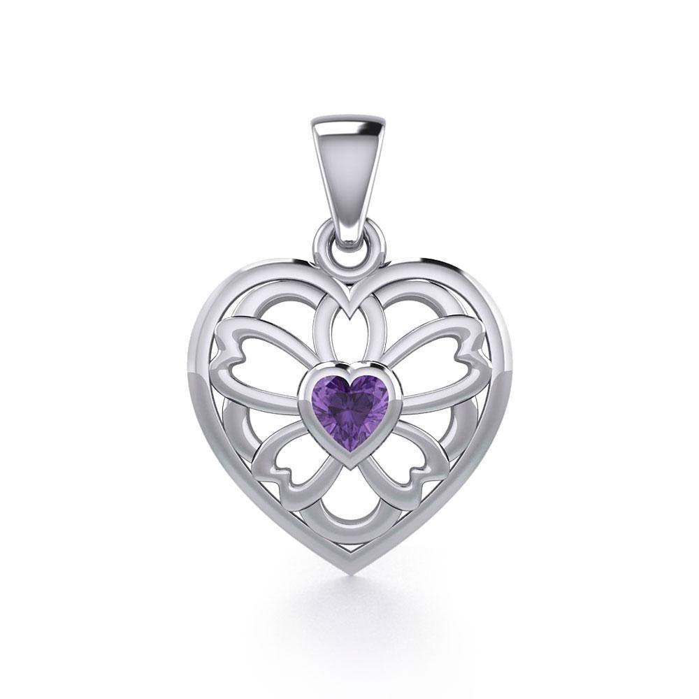 Flower in Heart Silver Pendant with Gemstone TPD5425