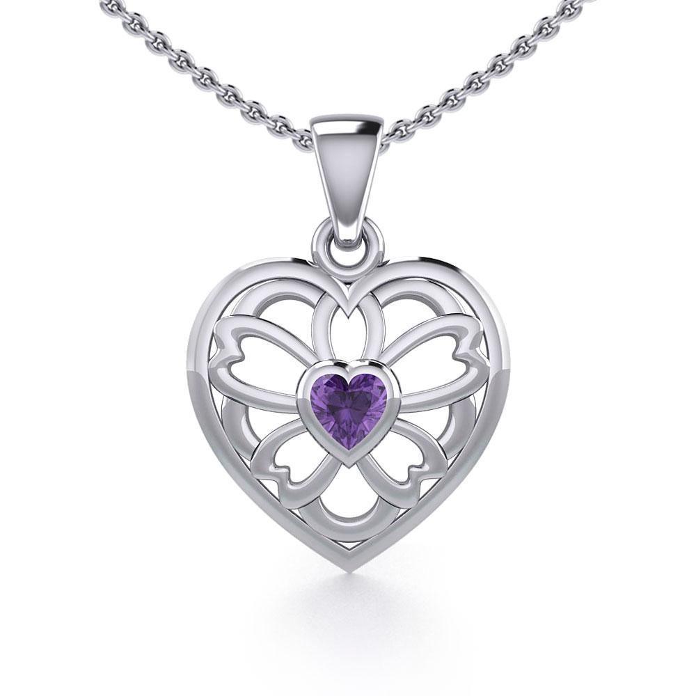 Flower in Heart Silver Pendant with Gemstone TPD5425