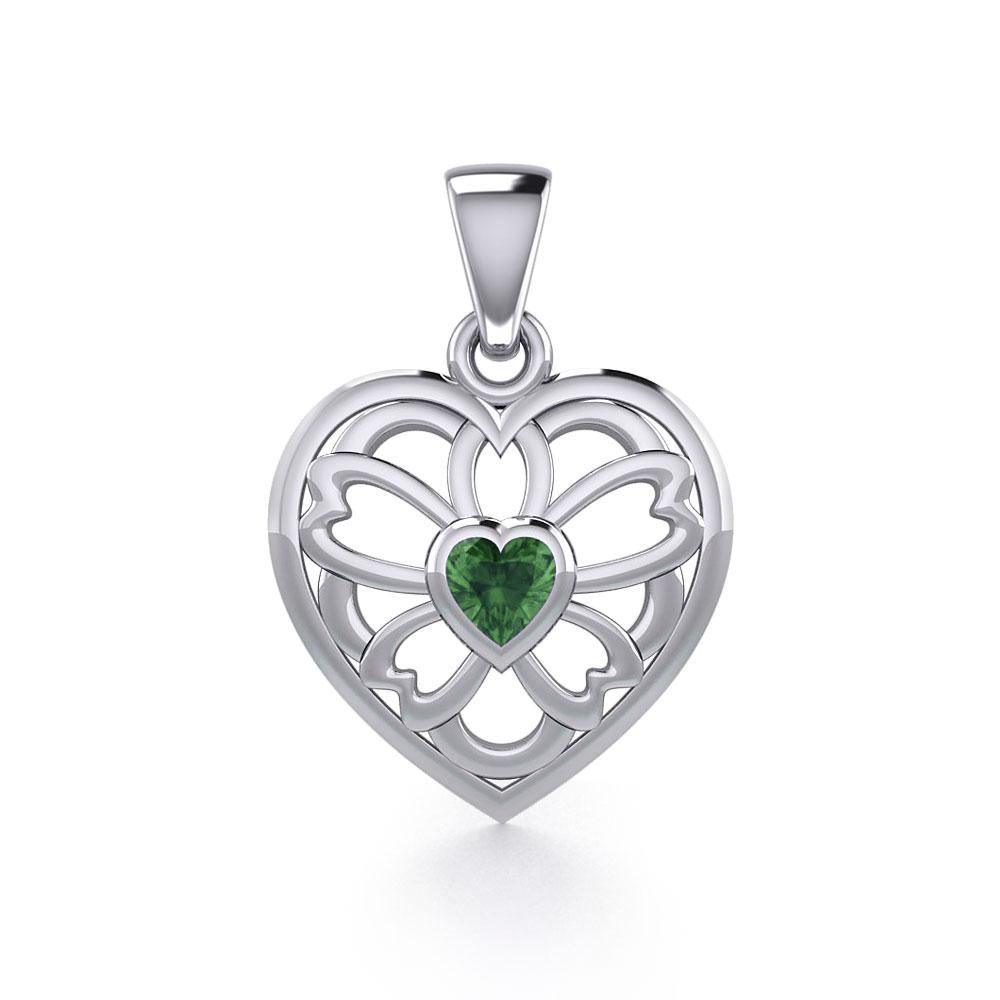 Flower in Heart Silver Pendant with Gemstone TPD5425