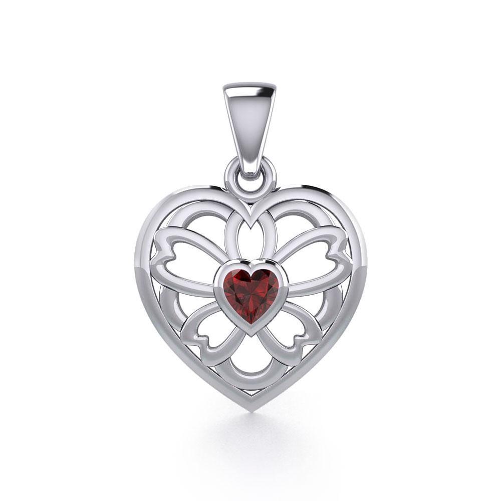 Flower in Heart Silver Pendant with Gemstone TPD5425