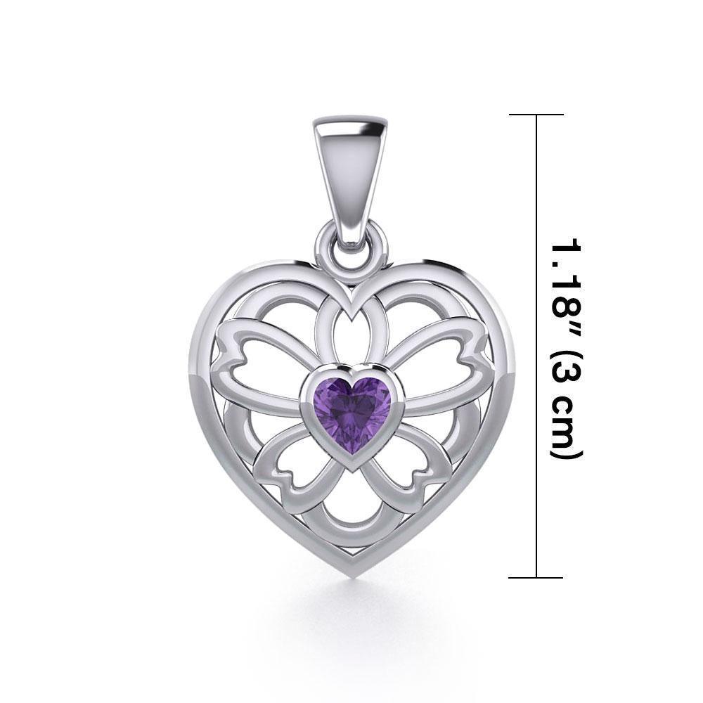 Flower in Heart Silver Pendant with Gemstone TPD5425