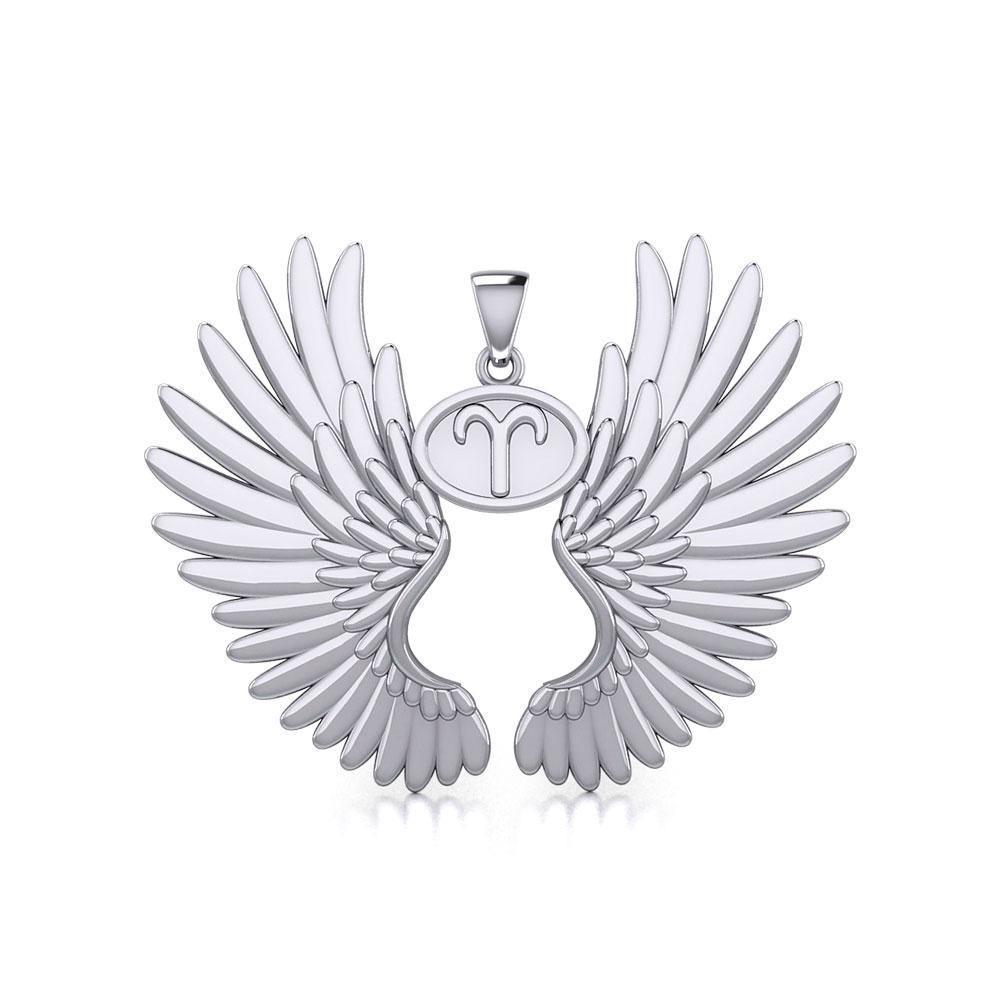 Guardian Angel Wings Silver Pendant with Aries Zodiac Sign TPD5515