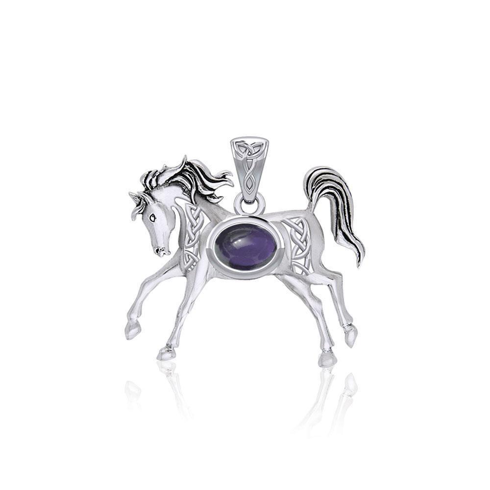 Celtic Running Horse Silver Pendant with Gem TPD5730