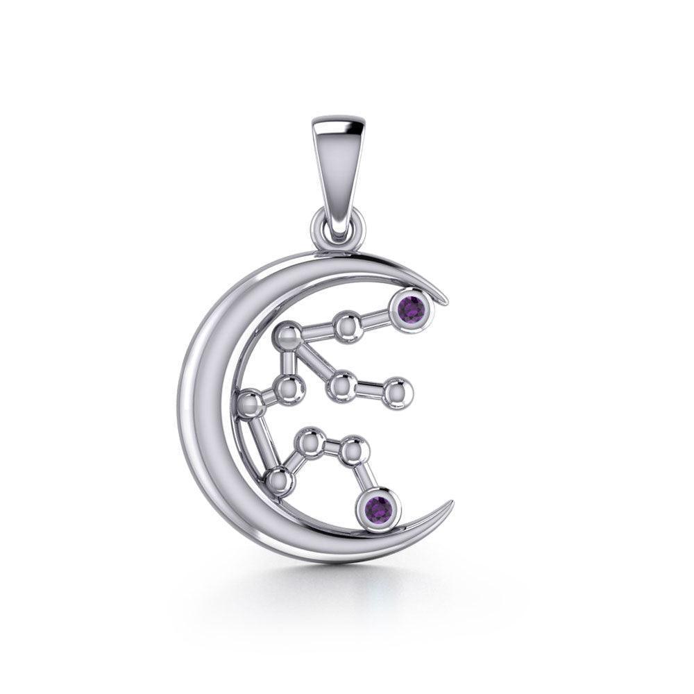 Crescent Moon and Aquarius Astrology Constellation Silver Pendant TPD5764