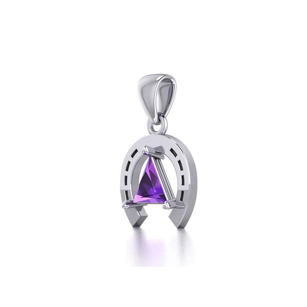 Horseshoe Equestrian Silver Pendant with Triangle Gemstone TPD5805