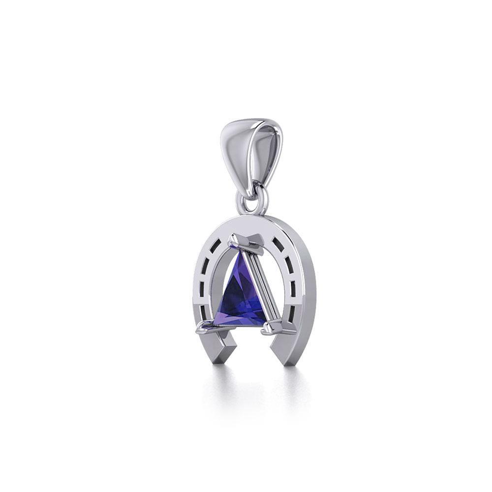 Horseshoe Equestrian Silver Pendant with Triangle Gemstone TPD5805