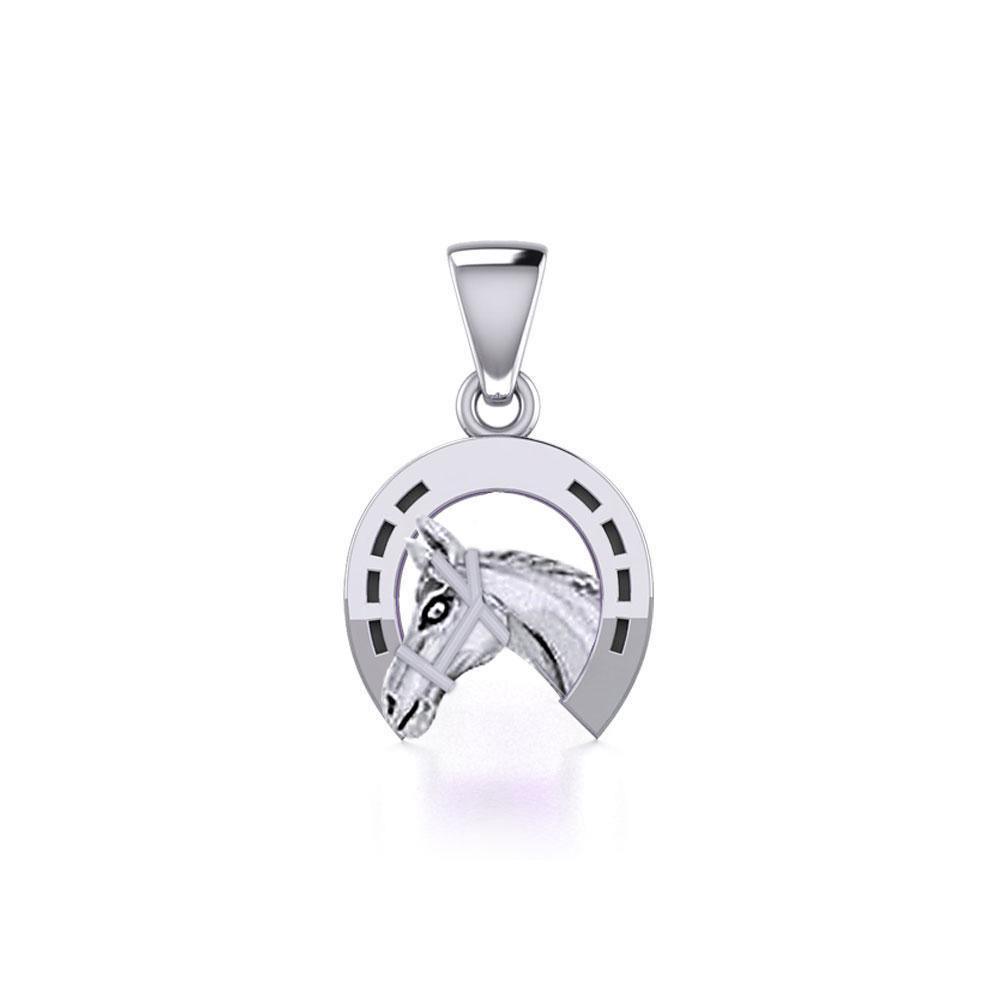 Horseshoe Equestrian Silver Pendant with Horse Head TPD5806