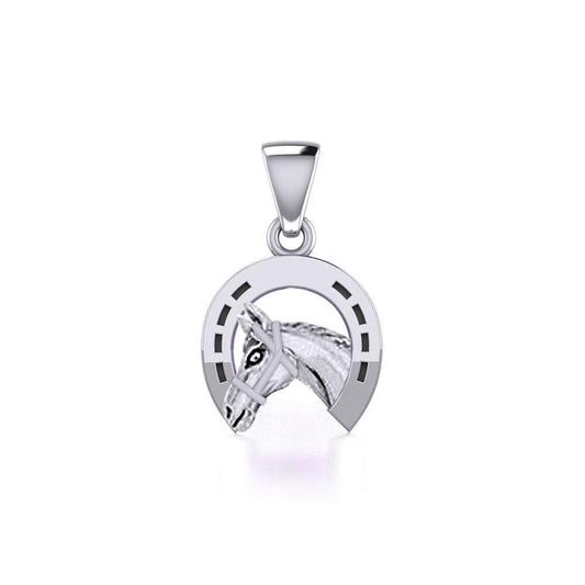 Horseshoe Equestrian Silver Pendant with Horse Head TPD5806