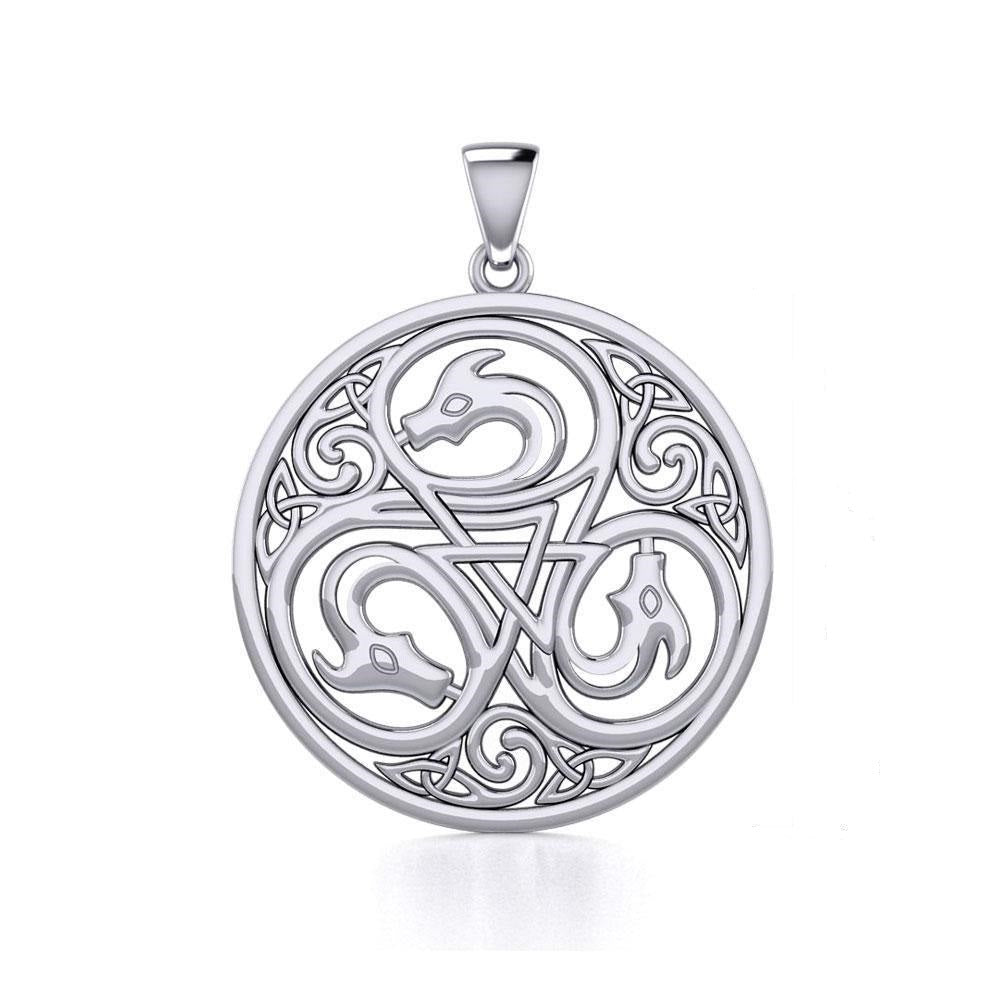 3 Dragon with Triskele Sterling Silver Disc Pendant TPD5820