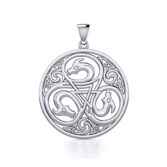 3 Dragon with Triskele Sterling Silver Disc Pendant TPD5820