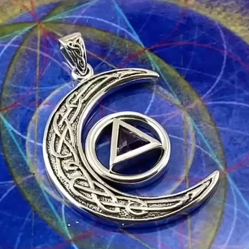 Celtic Crescent Moon Recovery Spiritual Key Sterling Silver Pendant with Gemstone TPD5843