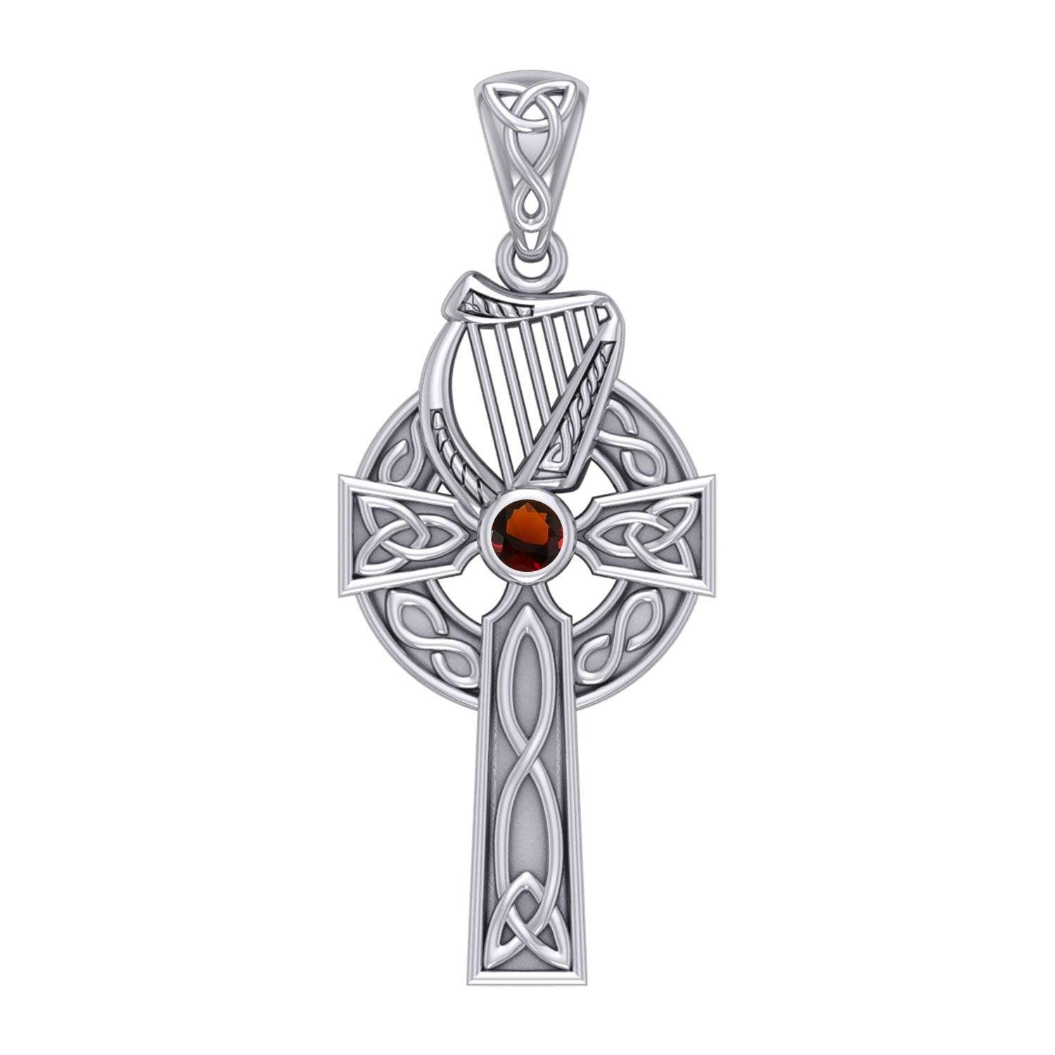Celtic Knotwork Silver Cross with Harp Pendant TPD5865