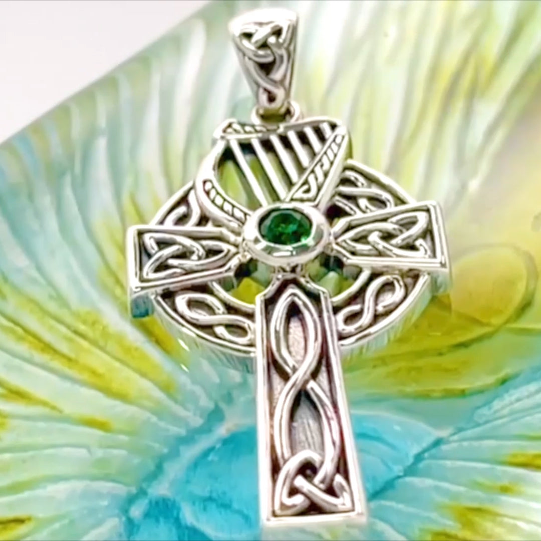 Celtic Knotwork Silver Cross with Harp Pendant TPD5865