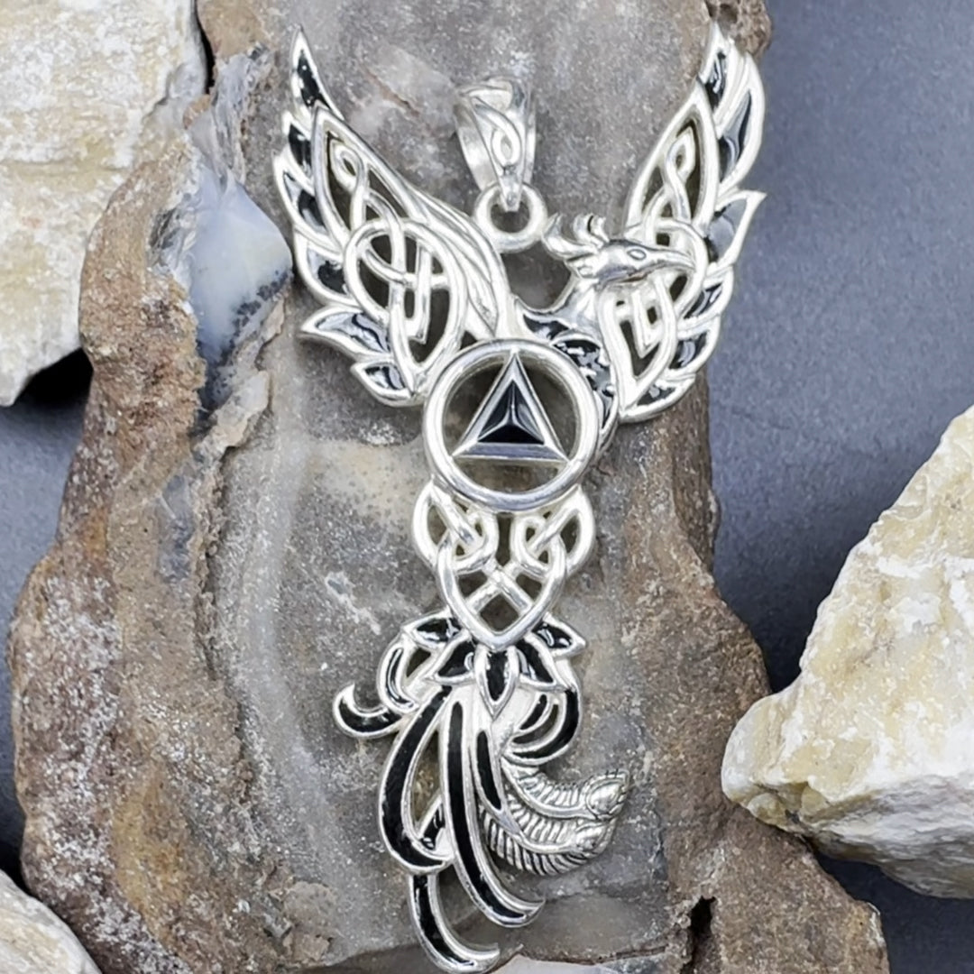 Celtic Phoenix Recovery Silver Pendant with Red Enamel and Black Onyx TPD5874