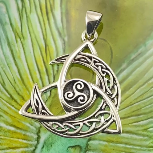 Trinity Knot with Celtic Crescent Moon and Triskele Silver Pendant TPD5885