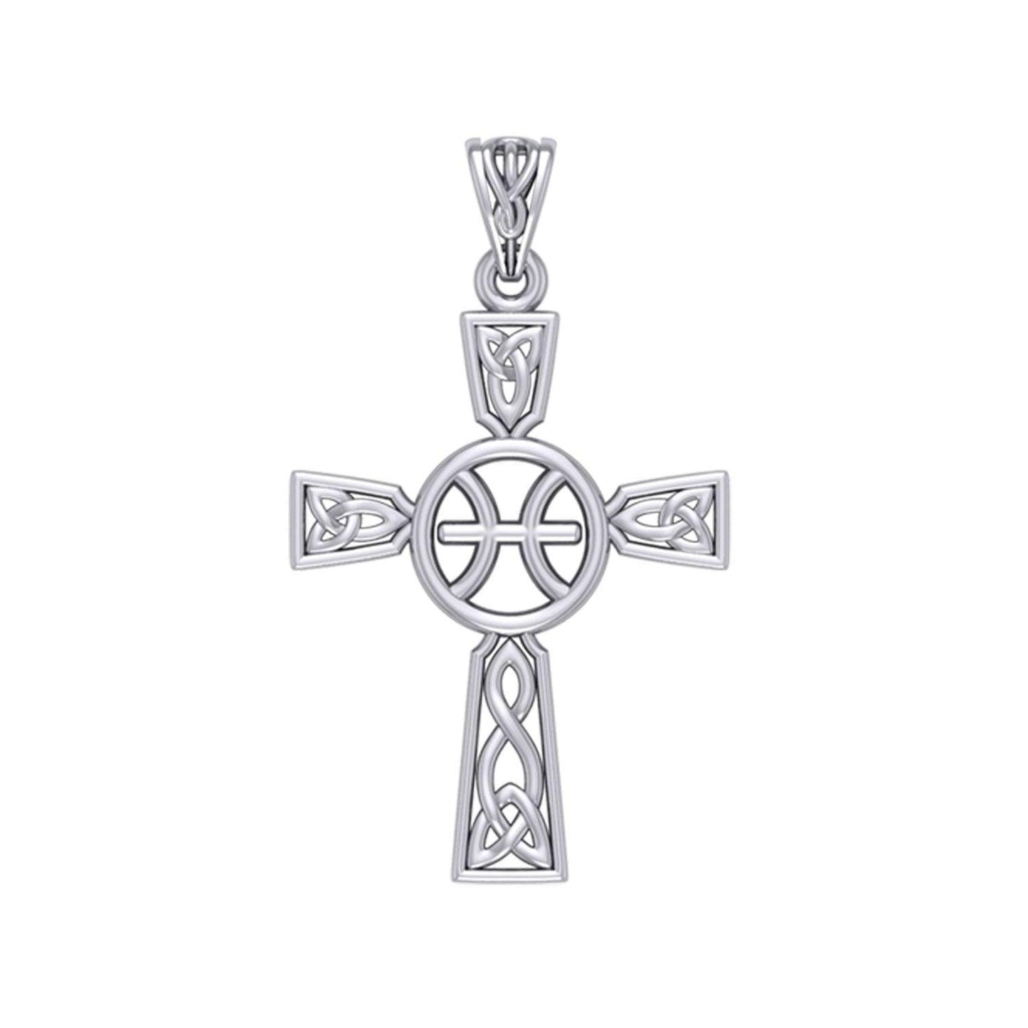 Celtic Cross Pisces Astrology Zodiac Sign Silver Pendant TPD5947